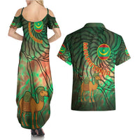 Mauritania Couples Matching Summer Maxi Dress and Hawaiian Shirt with Green Tie Dye Camel and Crescent Moon Flag Design