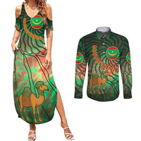 Mauritania Couples Matching Summer Maxi Dress and Long Sleeve Button Shirt with Green Tie Dye Camel and Crescent Moon Flag Design