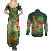 Mauritania Couples Matching Summer Maxi Dress and Long Sleeve Button Shirt with Green Tie Dye Camel and Crescent Moon Flag Design