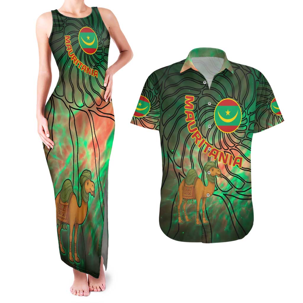 Mauritania Couples Matching Tank Maxi Dress and Hawaiian Shirt with Green Tie Dye Camel and Crescent Moon Flag Design