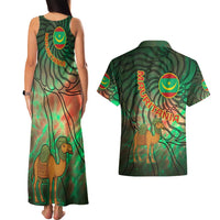 Mauritania Couples Matching Tank Maxi Dress and Hawaiian Shirt with Green Tie Dye Camel and Crescent Moon Flag Design