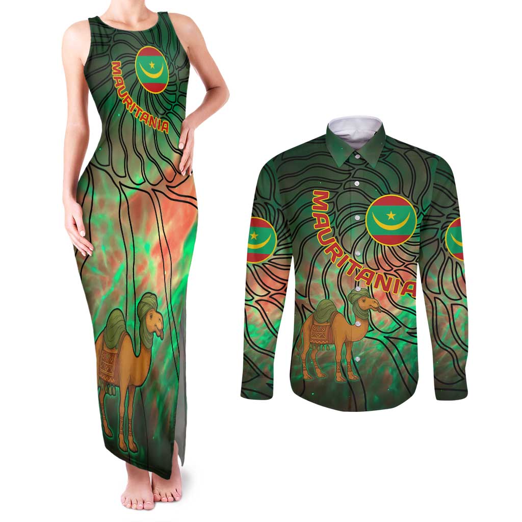 Mauritania Couples Matching Tank Maxi Dress and Long Sleeve Button Shirt with Green Tie Dye Camel and Crescent Moon Flag Design
