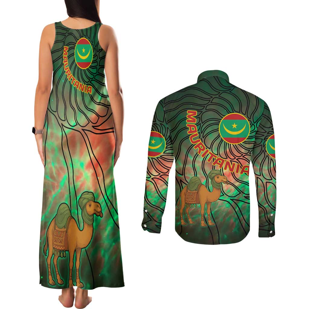 Mauritania Couples Matching Tank Maxi Dress and Long Sleeve Button Shirt with Green Tie Dye Camel and Crescent Moon Flag Design