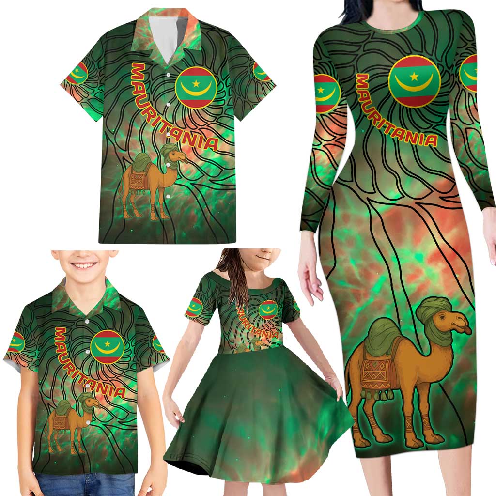 Mauritania Family Matching Long Sleeve Bodycon Dress and Hawaiian Shirt with Green Tie Dye Camel and Crescent Moon Flag Design