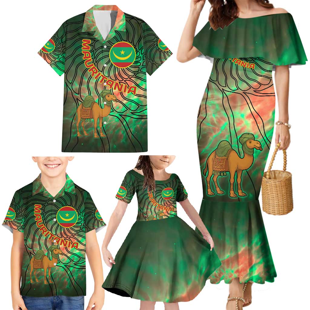 Mauritania Family Matching Mermaid Dress and Hawaiian Shirt with Green Tie Dye Camel and Crescent Moon Flag Design