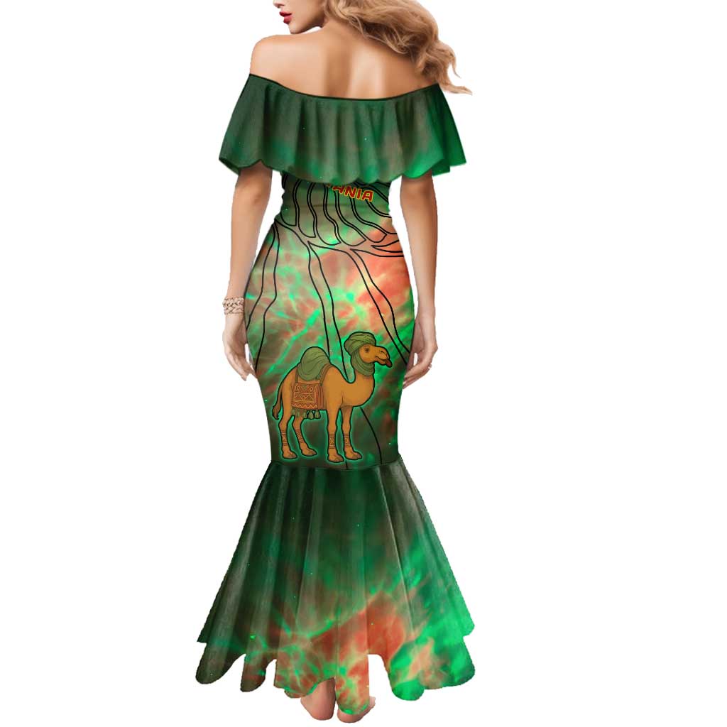 Mauritania Family Matching Mermaid Dress and Hawaiian Shirt with Green Tie Dye Camel and Crescent Moon Flag Design