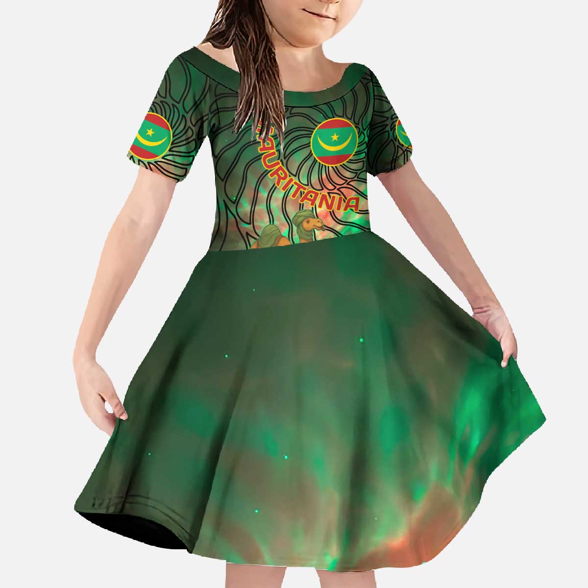 Mauritania Family Matching Off The Shoulder Long Sleeve Dress and Hawaiian Shirt with Green Tie Dye Camel and Crescent Moon Flag Design