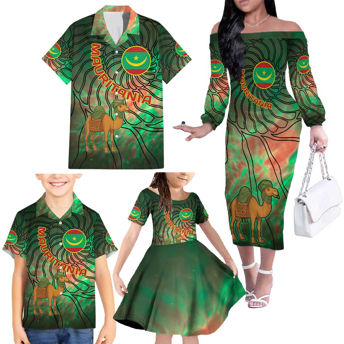 Mauritania Family Matching Off The Shoulder Long Sleeve Dress and Hawaiian Shirt with Green Tie Dye Camel and Crescent Moon Flag Design