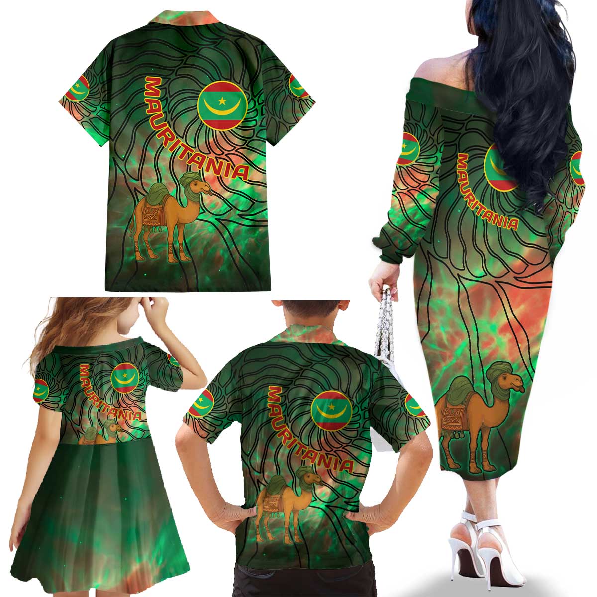 Mauritania Family Matching Off The Shoulder Long Sleeve Dress and Hawaiian Shirt with Green Tie Dye Camel and Crescent Moon Flag Design
