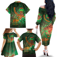 Mauritania Family Matching Off The Shoulder Long Sleeve Dress and Hawaiian Shirt with Green Tie Dye Camel and Crescent Moon Flag Design
