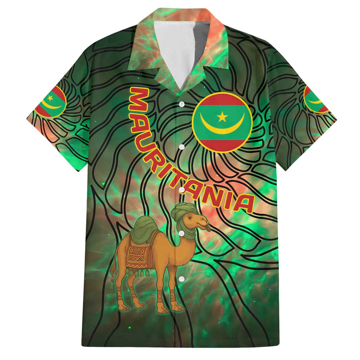 Mauritania Family Matching Off The Shoulder Long Sleeve Dress and Hawaiian Shirt with Green Tie Dye Camel and Crescent Moon Flag Design
