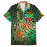 Mauritania Family Matching Off The Shoulder Long Sleeve Dress and Hawaiian Shirt with Green Tie Dye Camel and Crescent Moon Flag Design