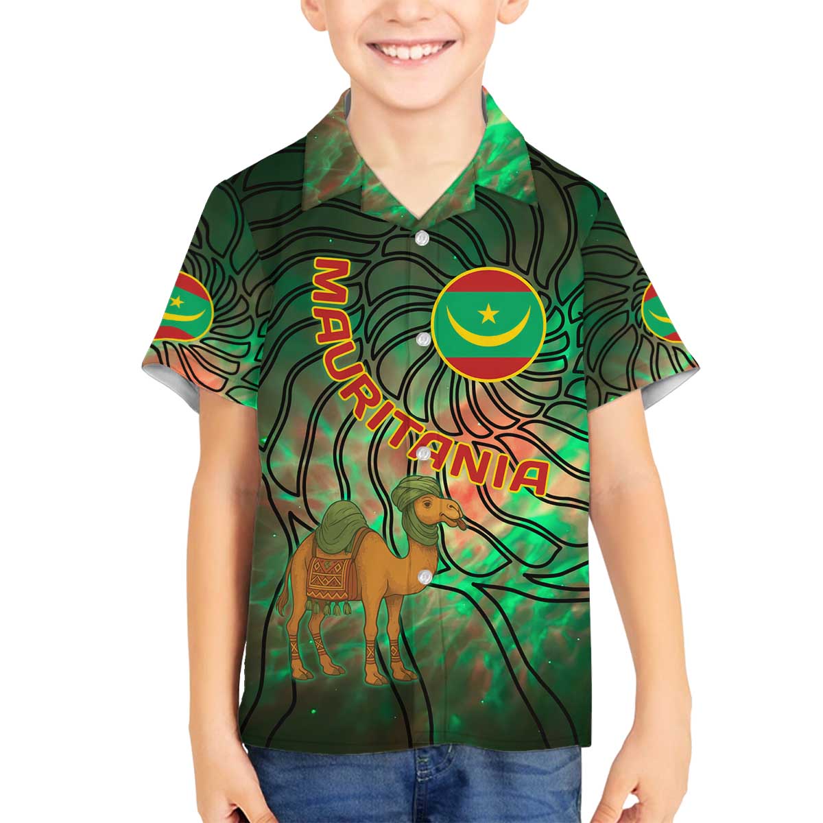 Mauritania Family Matching Off The Shoulder Long Sleeve Dress and Hawaiian Shirt with Green Tie Dye Camel and Crescent Moon Flag Design