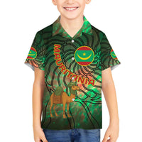 Mauritania Family Matching Off The Shoulder Long Sleeve Dress and Hawaiian Shirt with Green Tie Dye Camel and Crescent Moon Flag Design