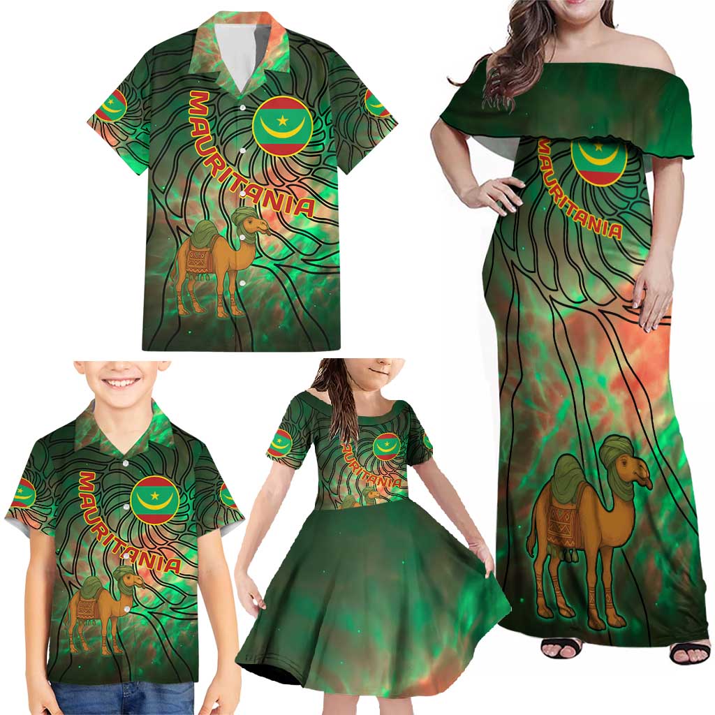 Mauritania Family Matching Off Shoulder Maxi Dress and Hawaiian Shirt with Green Tie Dye Camel and Crescent Moon Flag Design