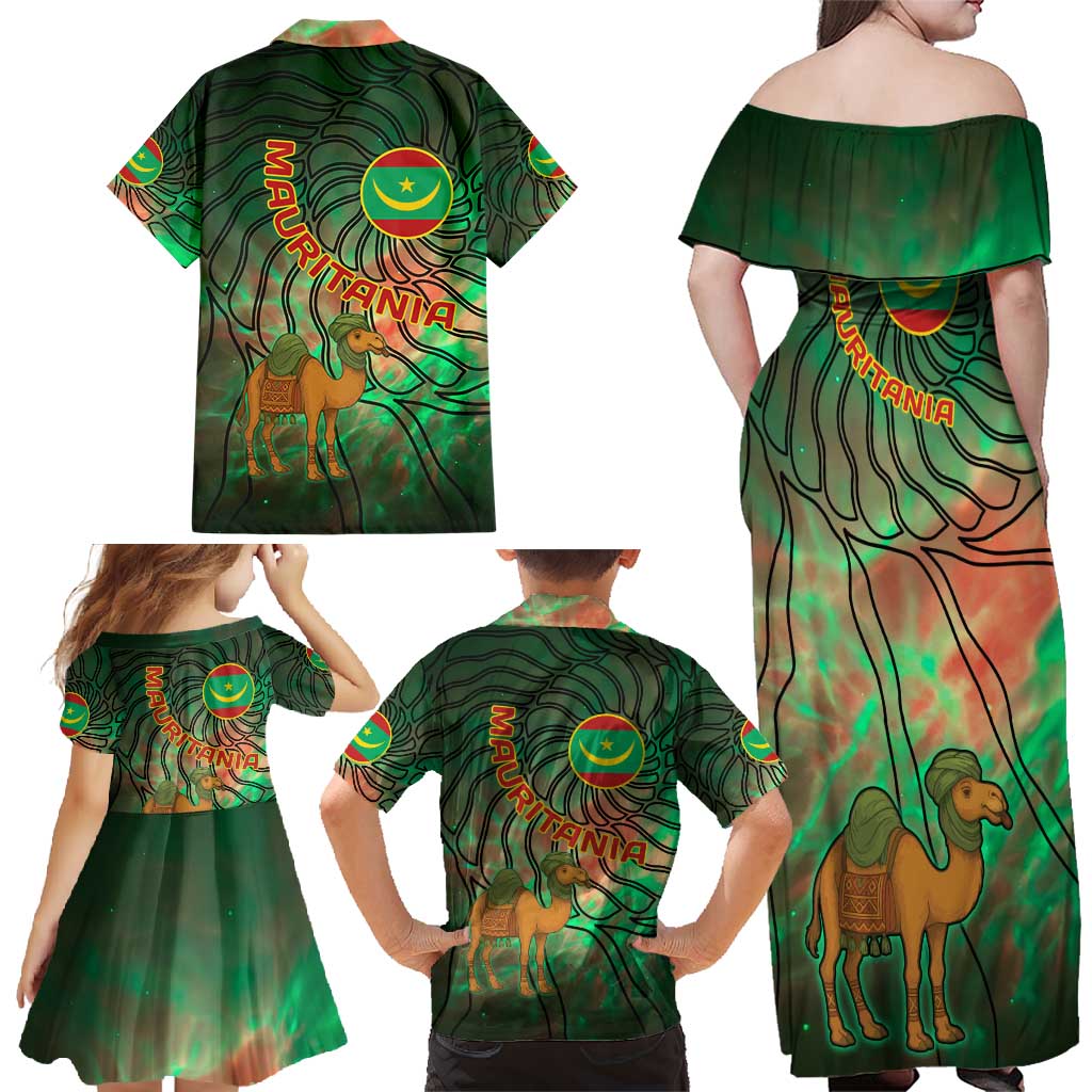 Mauritania Family Matching Off Shoulder Maxi Dress and Hawaiian Shirt with Green Tie Dye Camel and Crescent Moon Flag Design