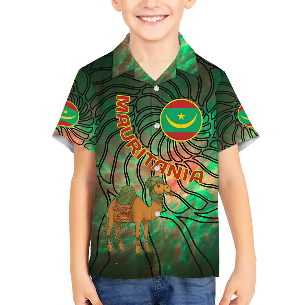 Mauritania Family Matching Off Shoulder Maxi Dress and Hawaiian Shirt with Green Tie Dye Camel and Crescent Moon Flag Design