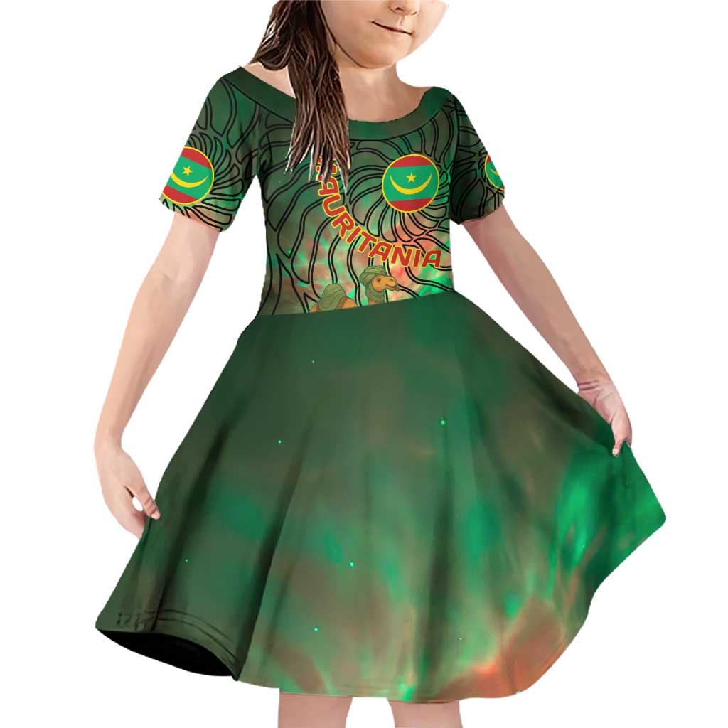Mauritania Family Matching Off Shoulder Short Dress and Hawaiian Shirt with Green Tie Dye Camel and Crescent Moon Flag Design