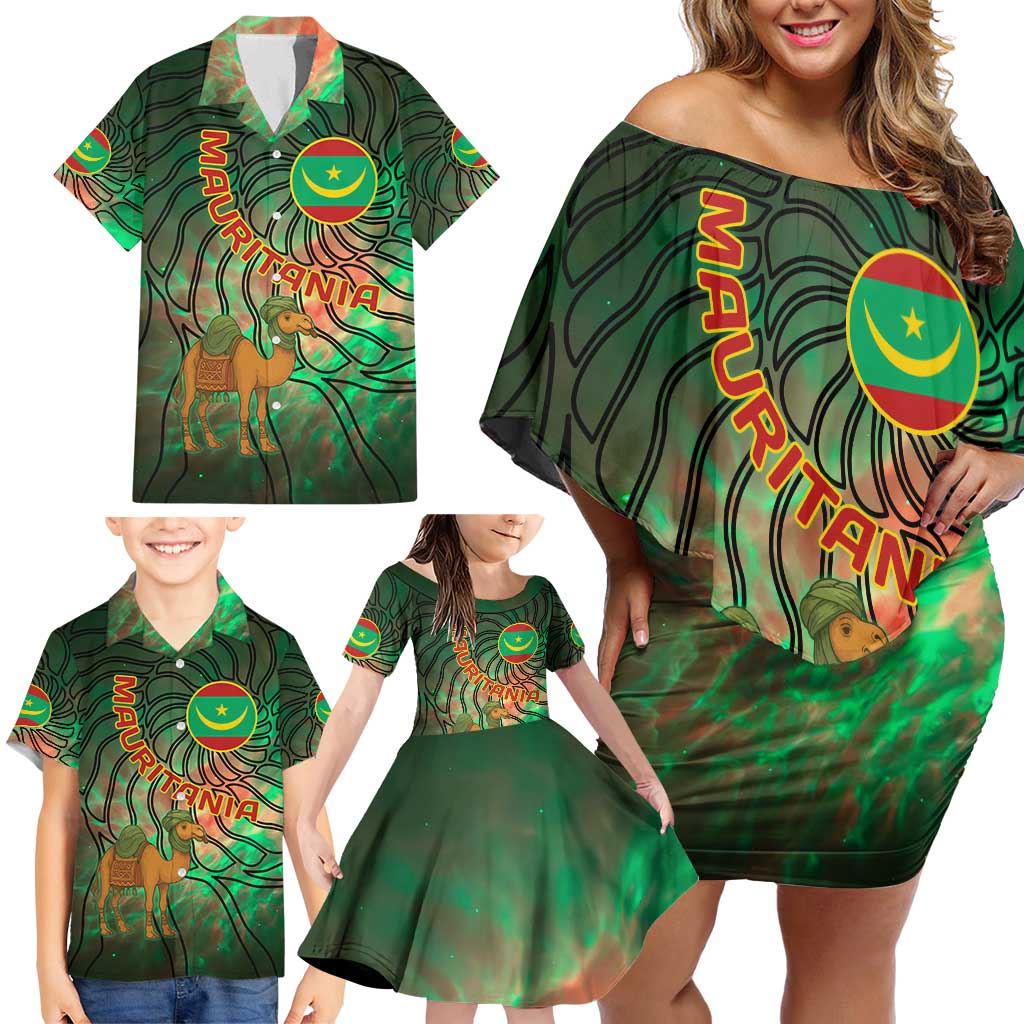 Mauritania Family Matching Off Shoulder Short Dress and Hawaiian Shirt with Green Tie Dye Camel and Crescent Moon Flag Design