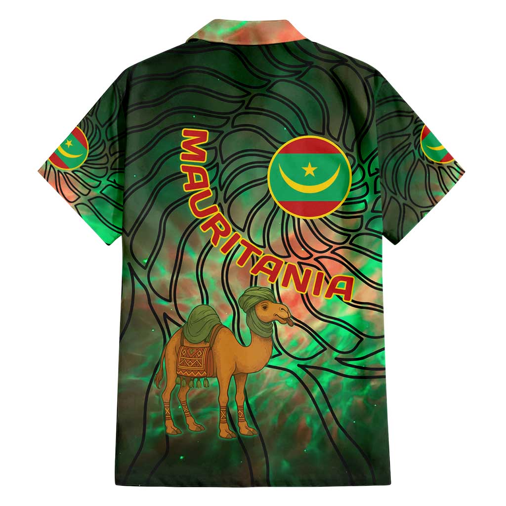 Mauritania Family Matching Off Shoulder Short Dress and Hawaiian Shirt with Green Tie Dye Camel and Crescent Moon Flag Design