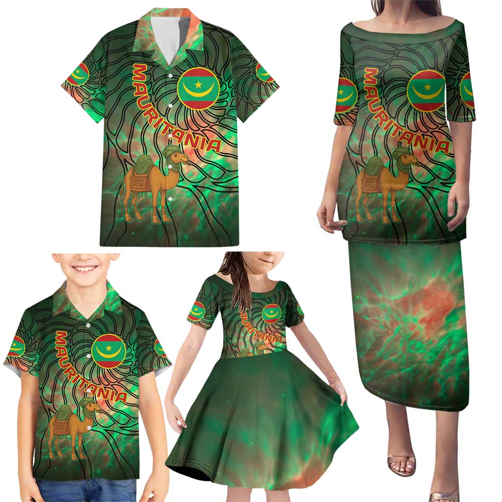 Mauritania Family Matching Puletasi and Hawaiian Shirt with Green Tie Dye Camel and Crescent Moon Flag Design