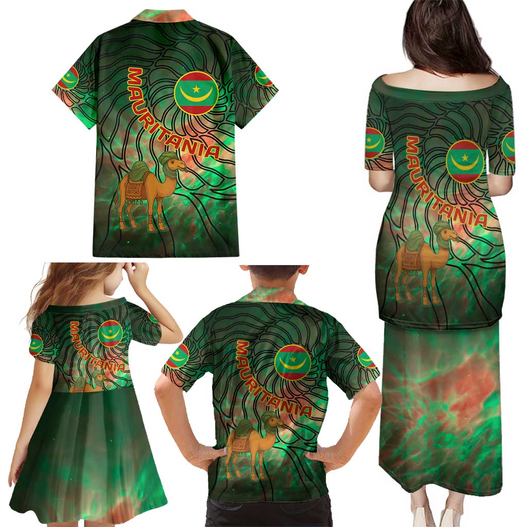 Mauritania Family Matching Puletasi and Hawaiian Shirt with Green Tie Dye Camel and Crescent Moon Flag Design