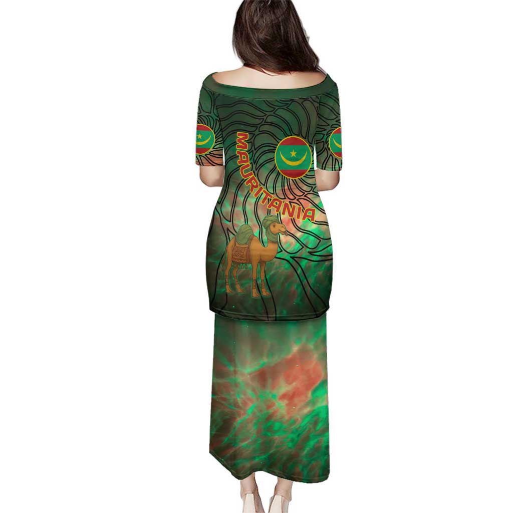 Mauritania Family Matching Puletasi and Hawaiian Shirt with Green Tie Dye Camel and Crescent Moon Flag Design