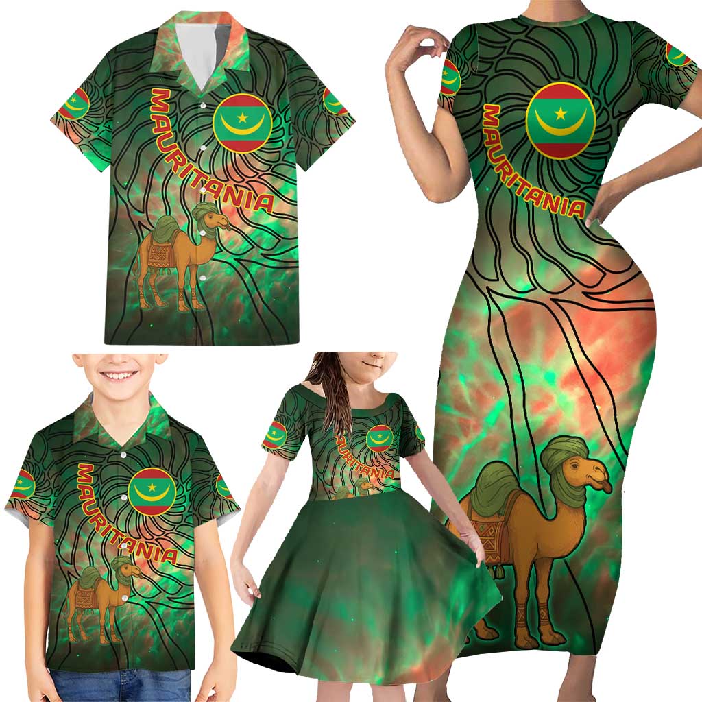 Mauritania Family Matching Short Sleeve Bodycon Dress and Hawaiian Shirt with Green Tie Dye Camel and Crescent Moon Flag Design