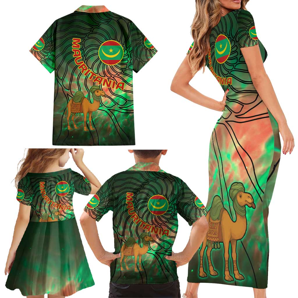 Mauritania Family Matching Short Sleeve Bodycon Dress and Hawaiian Shirt with Green Tie Dye Camel and Crescent Moon Flag Design