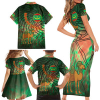 Mauritania Family Matching Short Sleeve Bodycon Dress and Hawaiian Shirt with Green Tie Dye Camel and Crescent Moon Flag Design