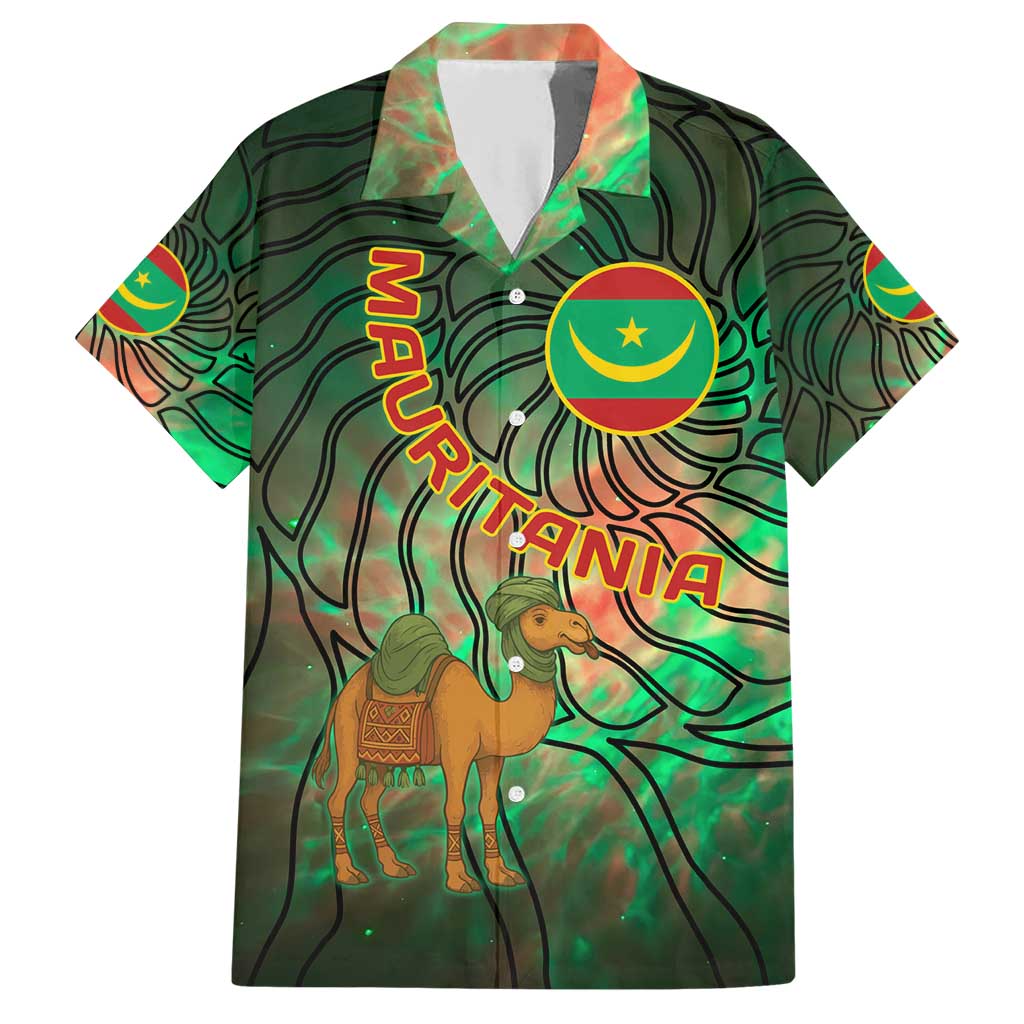 Mauritania Family Matching Short Sleeve Bodycon Dress and Hawaiian Shirt with Green Tie Dye Camel and Crescent Moon Flag Design