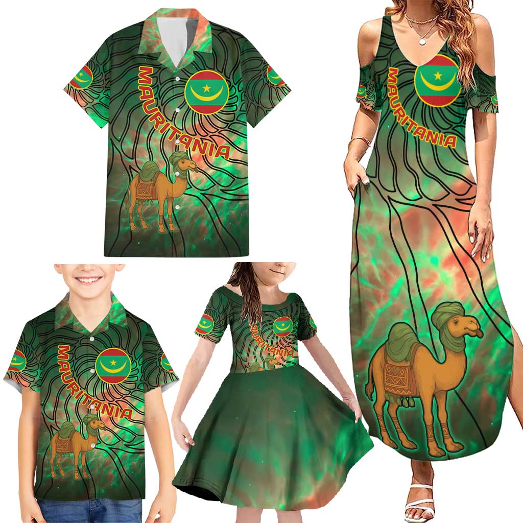 Mauritania Family Matching Summer Maxi Dress and Hawaiian Shirt with Green Tie Dye Camel and Crescent Moon Flag Design