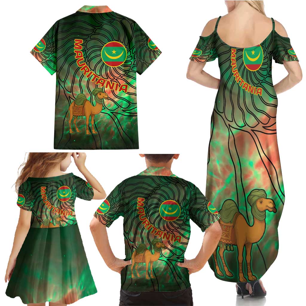 Mauritania Family Matching Summer Maxi Dress and Hawaiian Shirt with Green Tie Dye Camel and Crescent Moon Flag Design