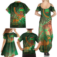 Mauritania Family Matching Summer Maxi Dress and Hawaiian Shirt with Green Tie Dye Camel and Crescent Moon Flag Design