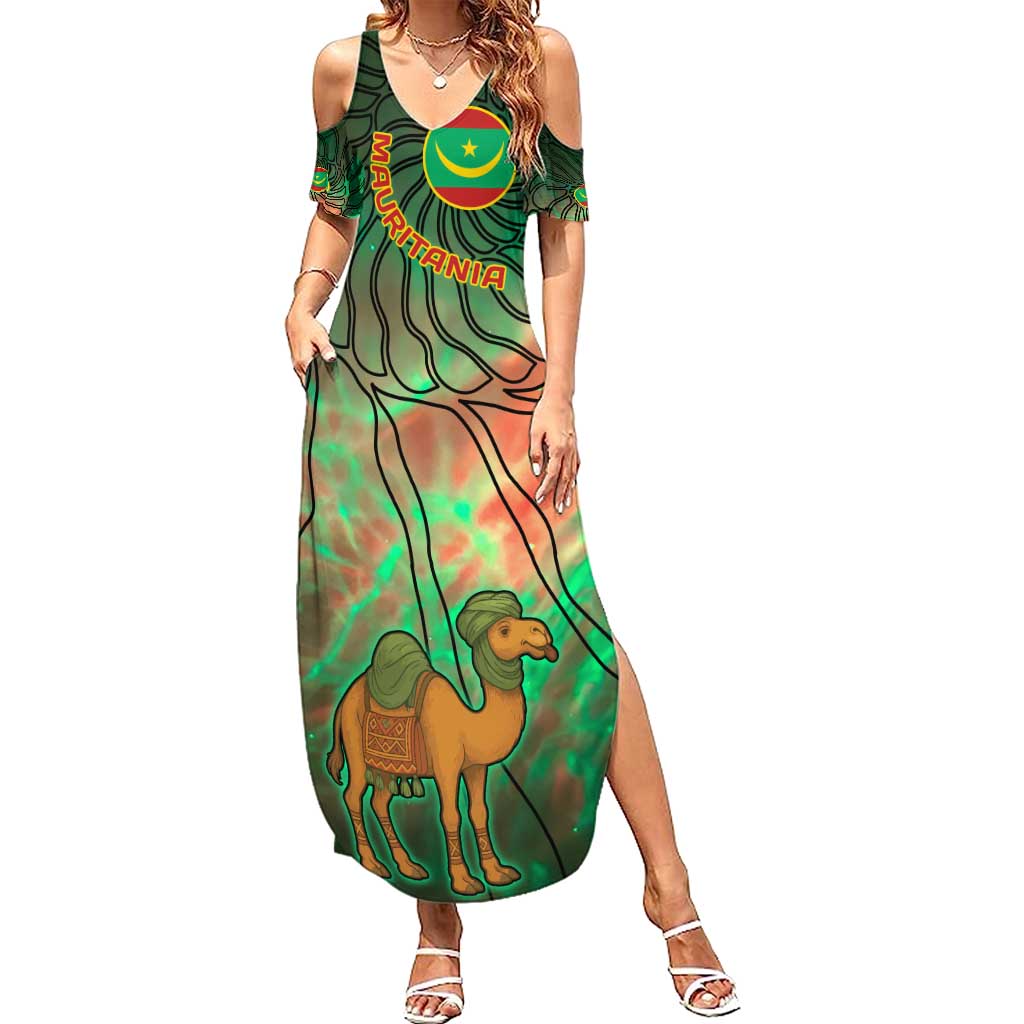 Mauritania Family Matching Summer Maxi Dress and Hawaiian Shirt with Green Tie Dye Camel and Crescent Moon Flag Design