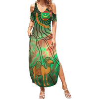Mauritania Family Matching Summer Maxi Dress and Hawaiian Shirt with Green Tie Dye Camel and Crescent Moon Flag Design