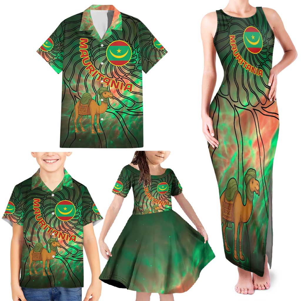 Mauritania Family Matching Tank Maxi Dress and Hawaiian Shirt with Green Tie Dye Camel and Crescent Moon Flag Design