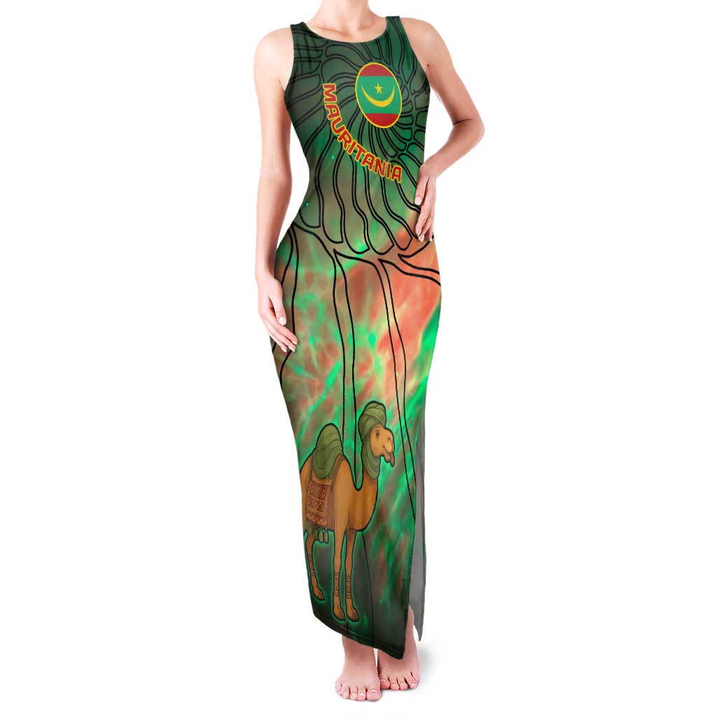 Mauritania Family Matching Tank Maxi Dress and Hawaiian Shirt with Green Tie Dye Camel and Crescent Moon Flag Design
