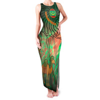 Mauritania Family Matching Tank Maxi Dress and Hawaiian Shirt with Green Tie Dye Camel and Crescent Moon Flag Design