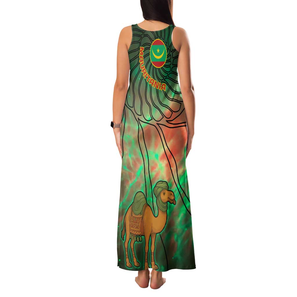 Mauritania Family Matching Tank Maxi Dress and Hawaiian Shirt with Green Tie Dye Camel and Crescent Moon Flag Design