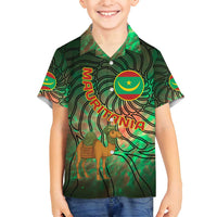Mauritania Family Matching Tank Maxi Dress and Hawaiian Shirt with Green Tie Dye Camel and Crescent Moon Flag Design