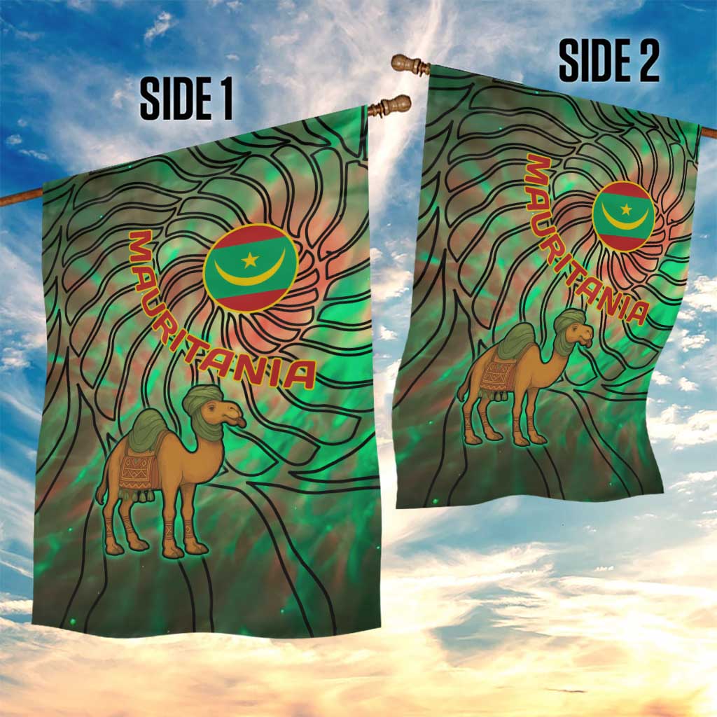 Mauritania Garden Flag with Green Tie Dye Camel and Crescent Moon Flag Design