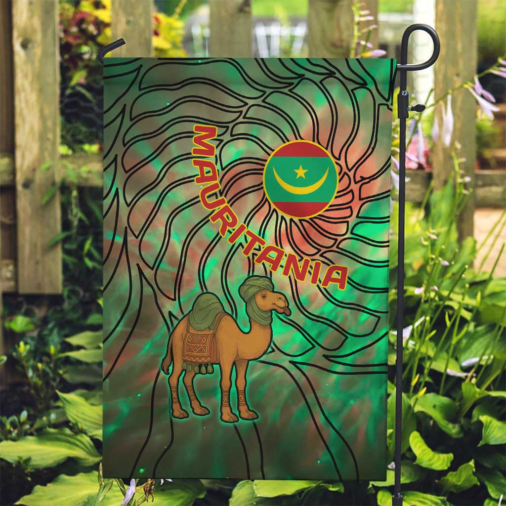 Mauritania Garden Flag with Green Tie Dye Camel and Crescent Moon Flag Design