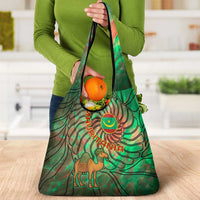 Mauritania Grocery Bag with Green Tie Dye Camel and Crescent Moon Flag Design