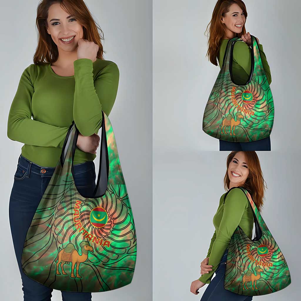 Mauritania Grocery Bag with Green Tie Dye Camel and Crescent Moon Flag Design