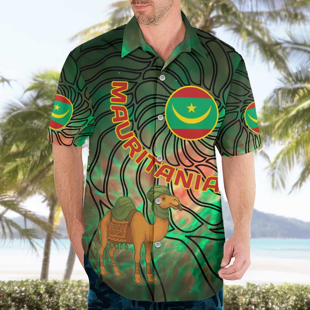 Mauritania Hawaiian Shirt with Green Tie Dye Camel and Crescent Moon Flag Design