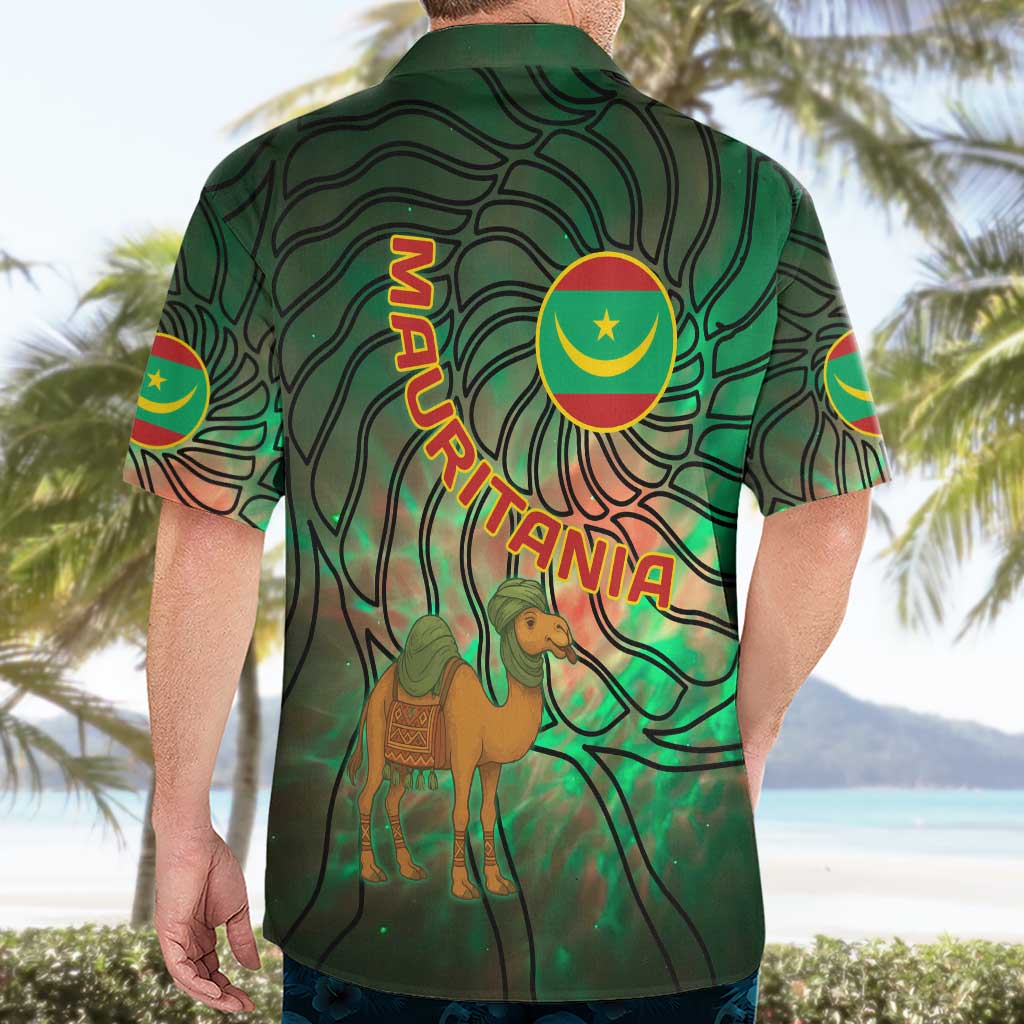 Mauritania Hawaiian Shirt with Green Tie Dye Camel and Crescent Moon Flag Design