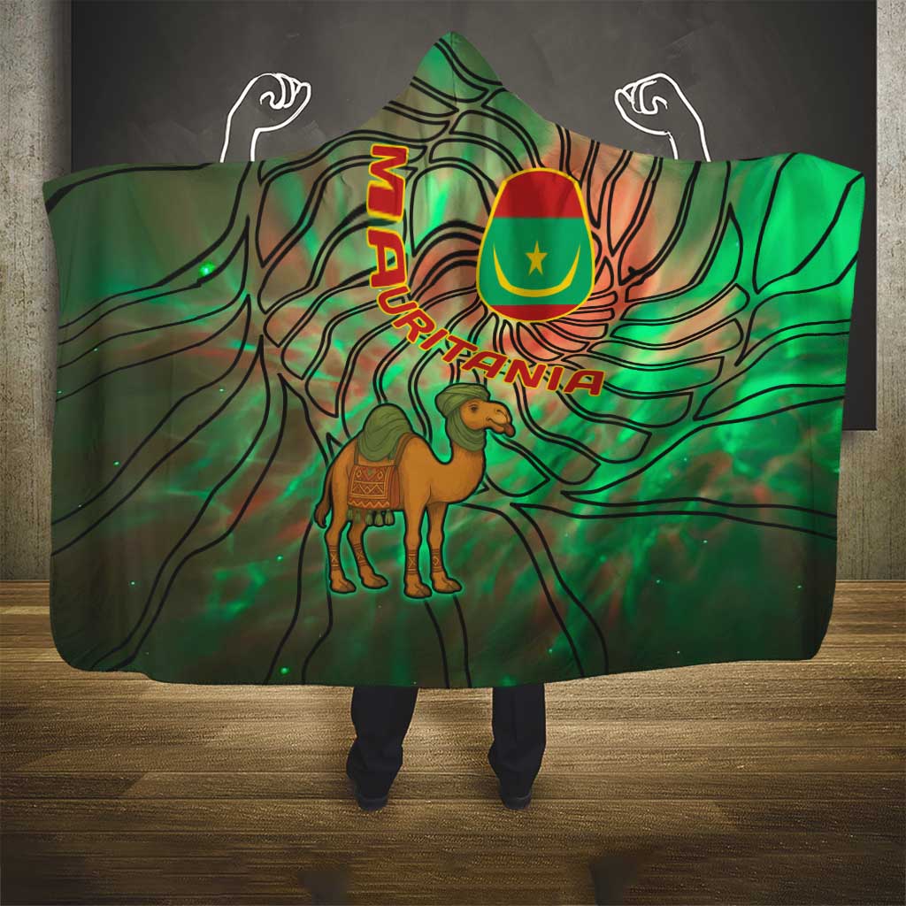 Mauritania Hooded Blanket with Green Tie Dye Camel and Crescent Moon Flag Design
