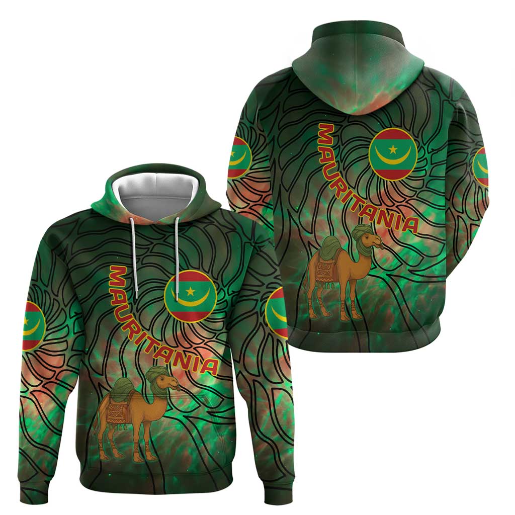 Mauritania Hoodie with Green Tie Dye Camel and Crescent Moon Flag Design