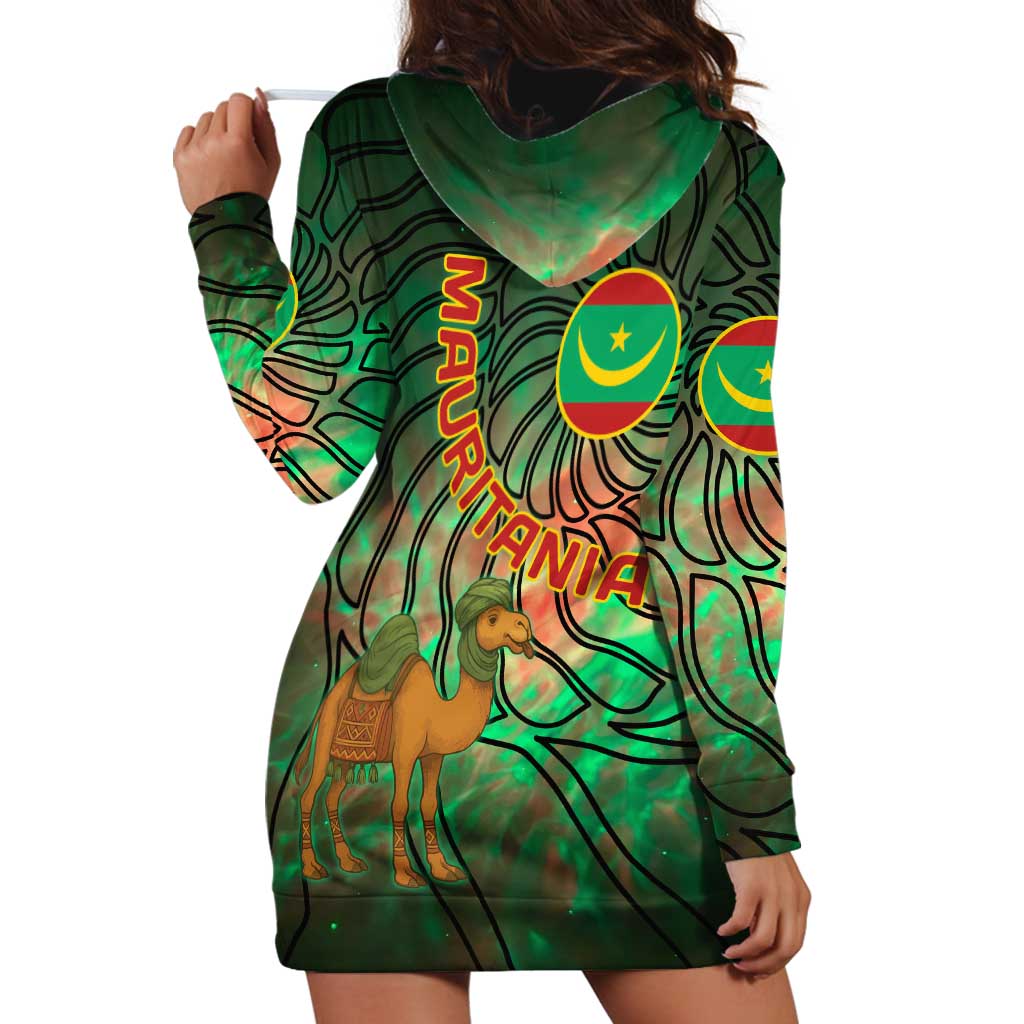 Mauritania Hoodie Dress with Green Tie Dye Camel and Crescent Moon Flag Design